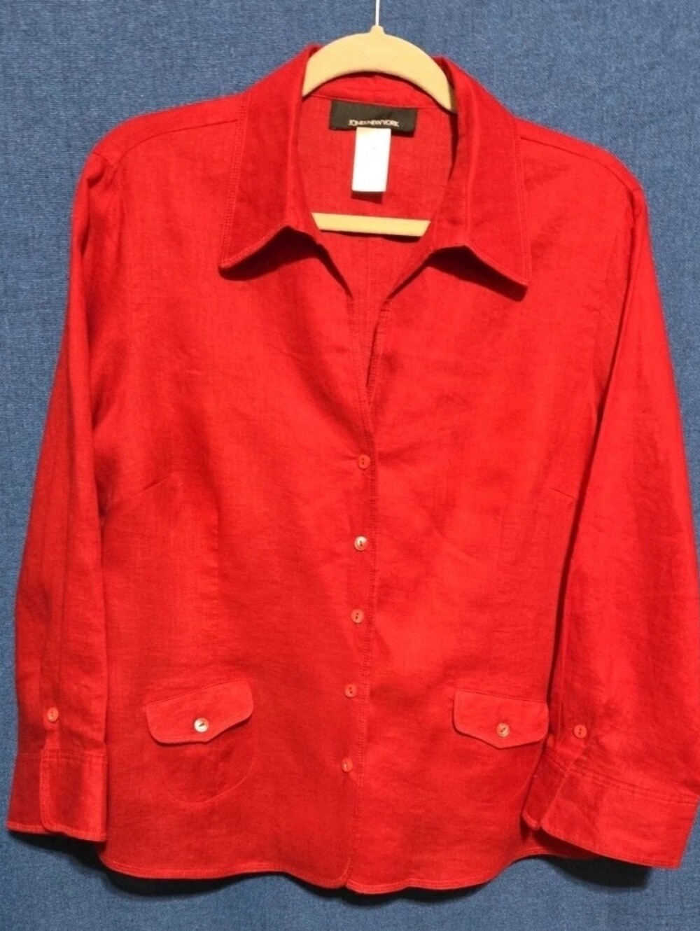 Jones New York Women's Red 100% Linen Long Sleeve Jacket Blouse 14 Business Work - Picture 1 of 8